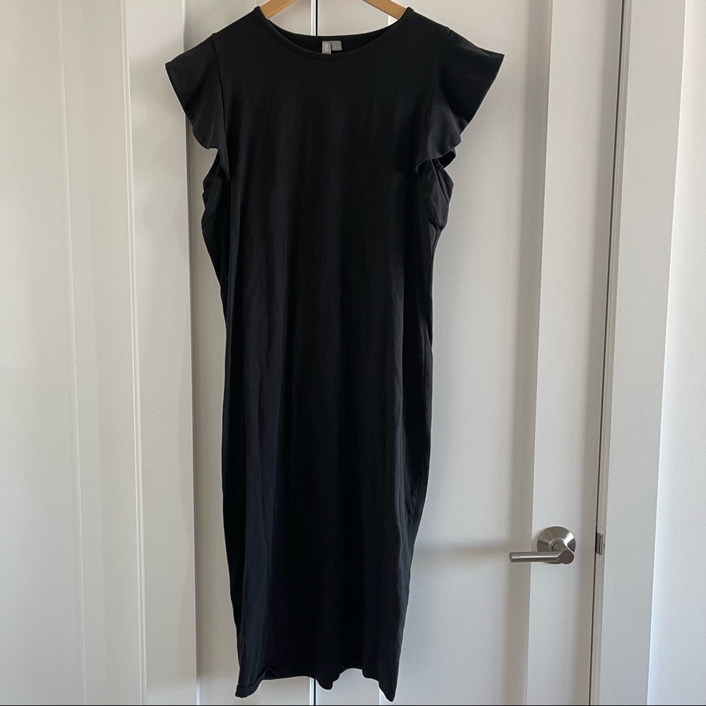 Black knee-length dress with short flutter cap sleeves